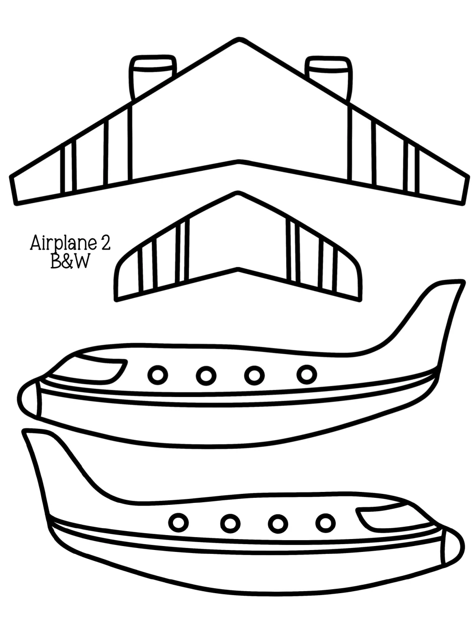 Airplane 2 B&W outline to colour: striped main wing, tail wing and two fuselage sides with round windows for cutting out
