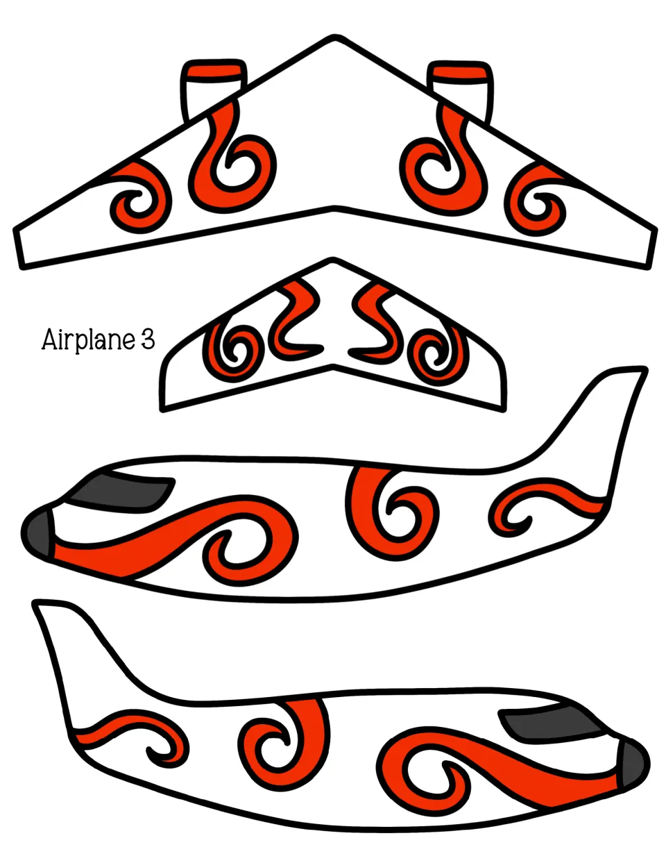 Airplane 3 cut-out template with red swirl designs on the main wing, tail wing and both fuselage sides for assembling