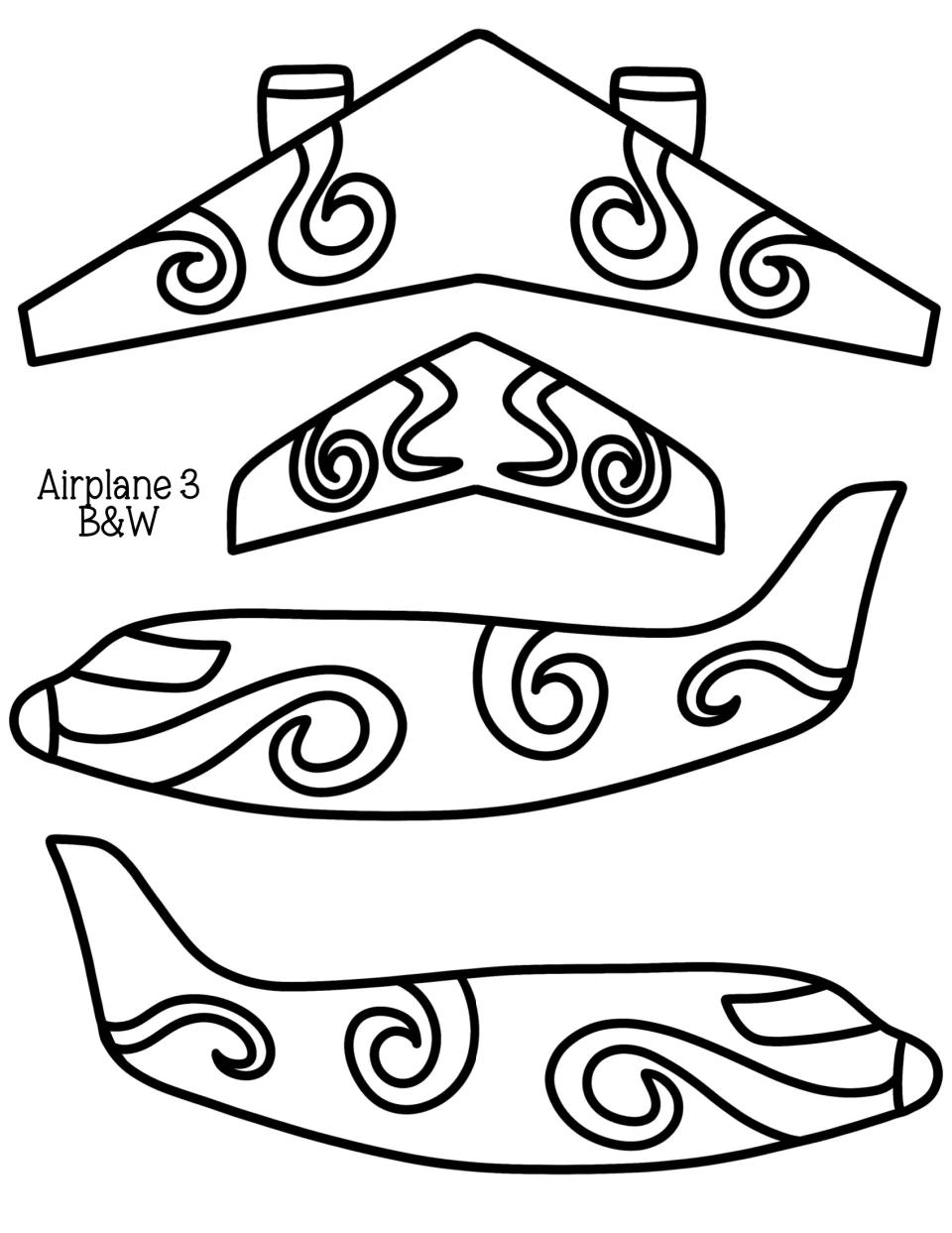 Airplane 3 B&W outline: swirl-patterned wing, tail wing and fuselage halves for students to colour, cut out and build