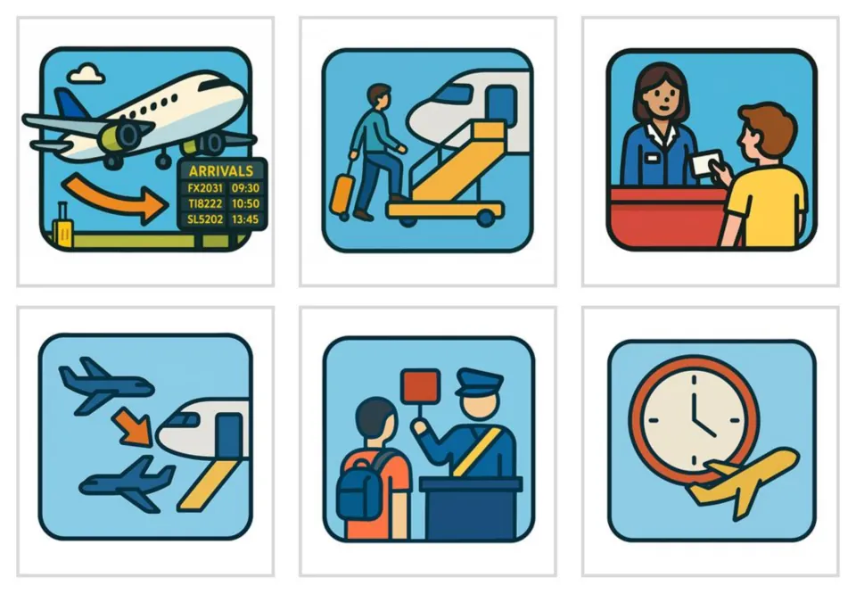 Color airport picture cards 1–6: arrival, boarding, check-in, connecting flights, customs, and delay