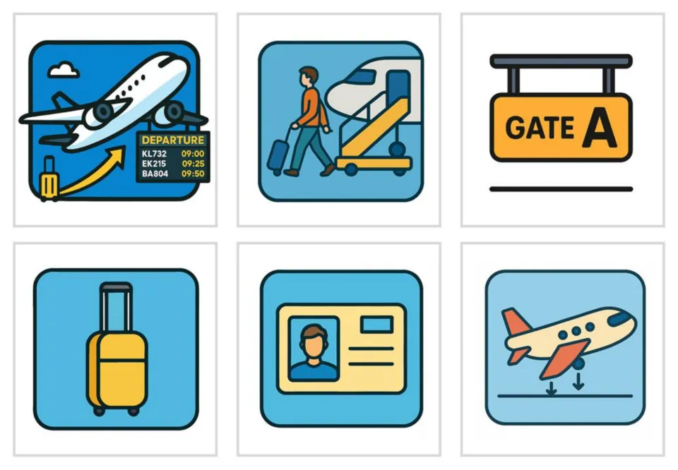 Color airport picture cards 7–12: departure, disembarkation, gate, hand luggage, identification, and landing