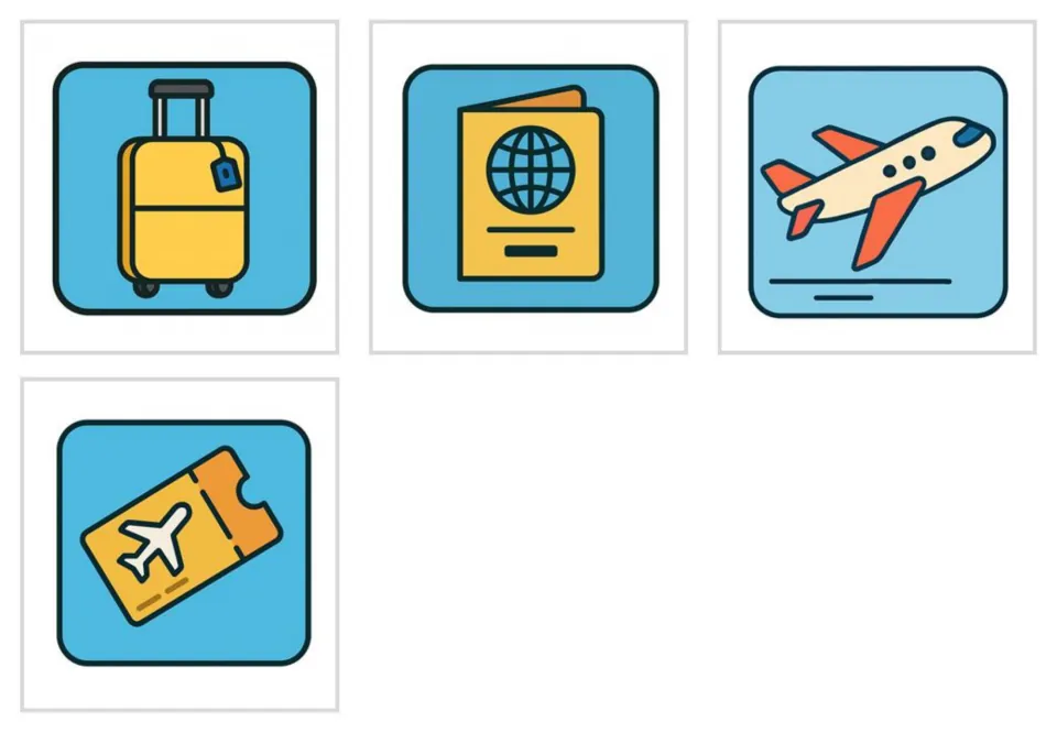 Color airport picture cards 13–16 show a tagged suitcase, a passport, a plane taking off, and a ticket