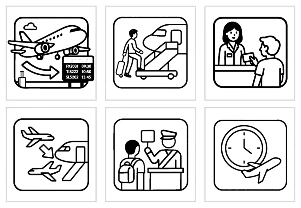 Black-and-white airport cards 1–6 depict arrival, boarding, check-in, connecting flights, customs, and delay