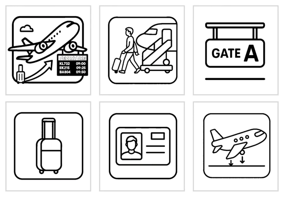 Black-and-white airport cards 7–12: departure, disembarkation, gate, hand luggage, identification, and landing
