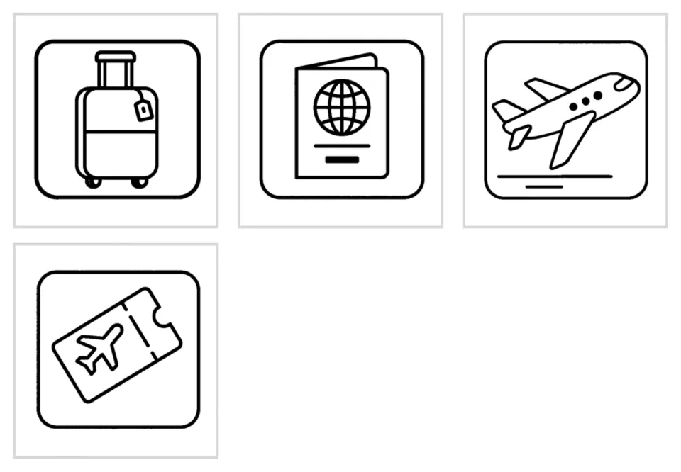 Black-and-white airport cards 13–16 show a tagged suitcase, a passport, a plane taking off, and a ticket