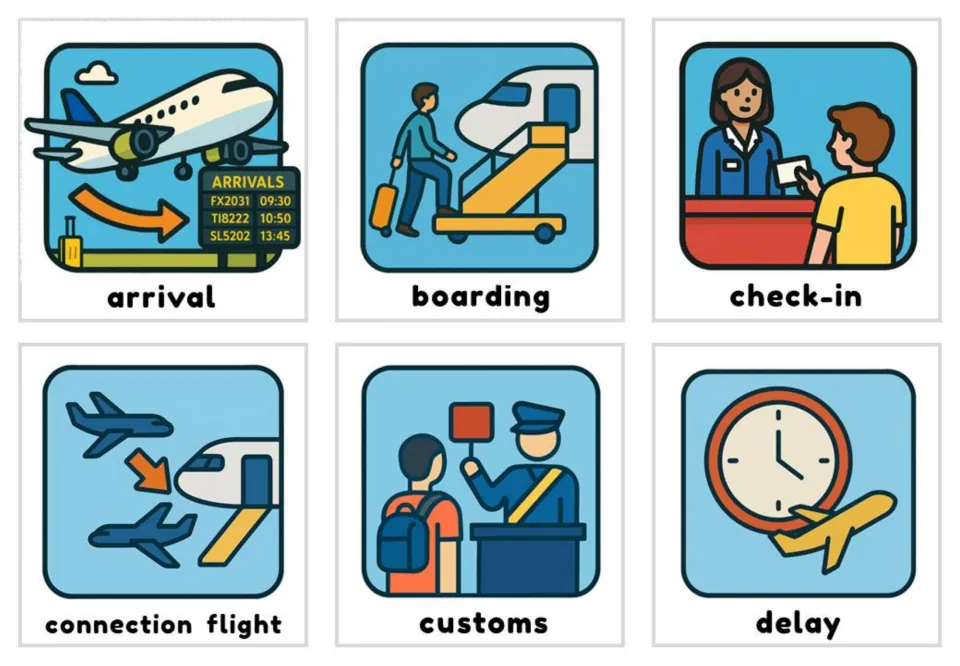 Labeled color airport cards 1–6: arrival, boarding, check-in, connection flight, customs, and delay