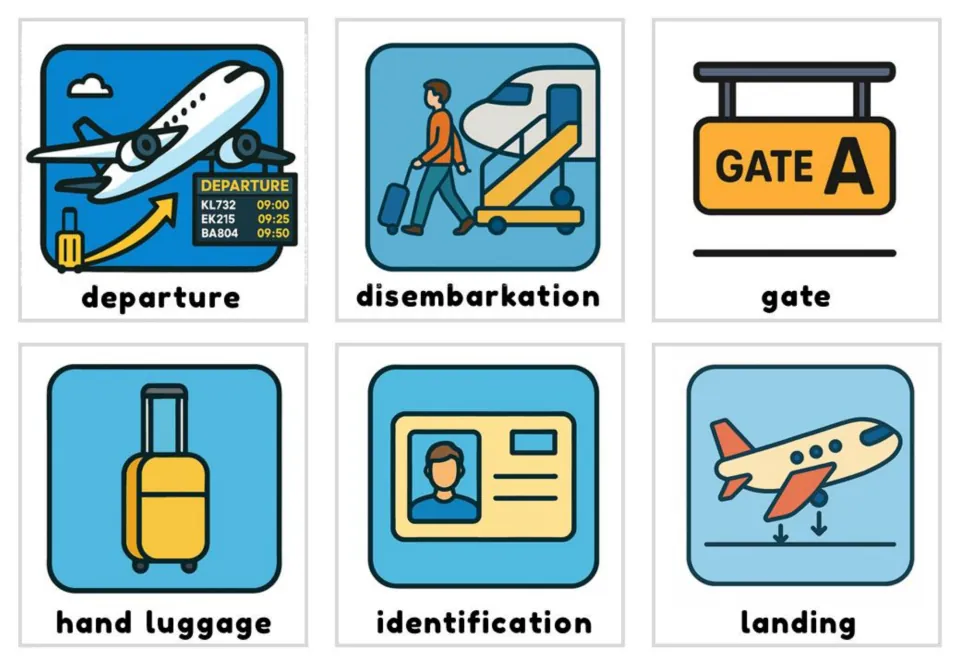 Labeled color airport cards 7–12: departure, disembarkation, gate, hand luggage, identification, and landing