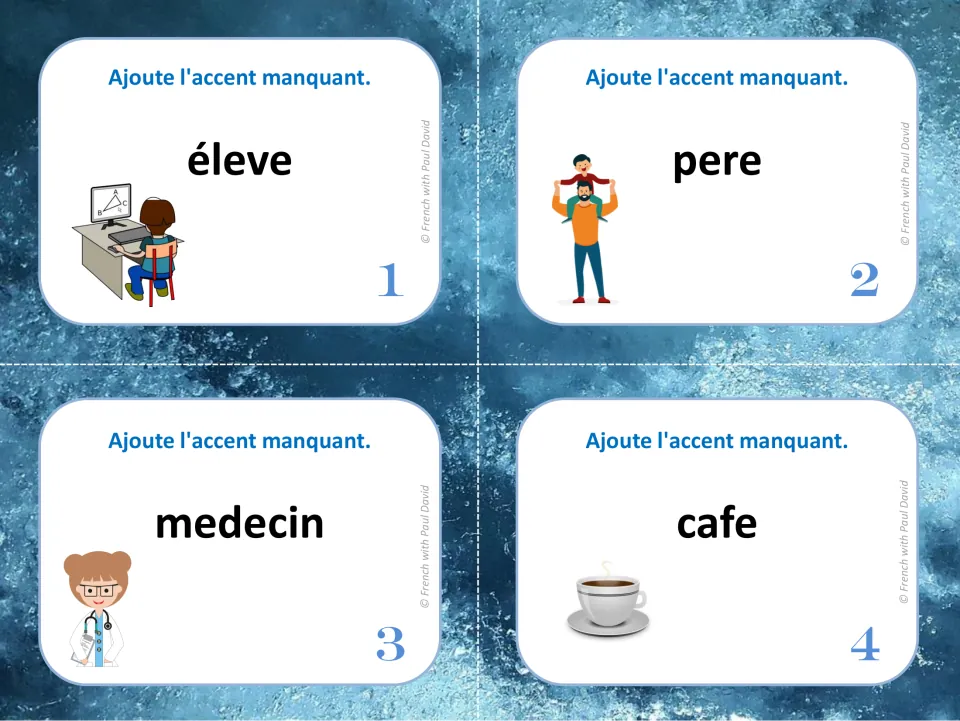 French accent task cards 1–4: élève (student), pere (father), medecin (doctor), and cafe (coffee)