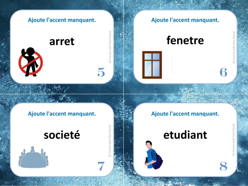 French accent task cards 5–8: arret (stop), fenetre (window), société (society), and etudiant (student)