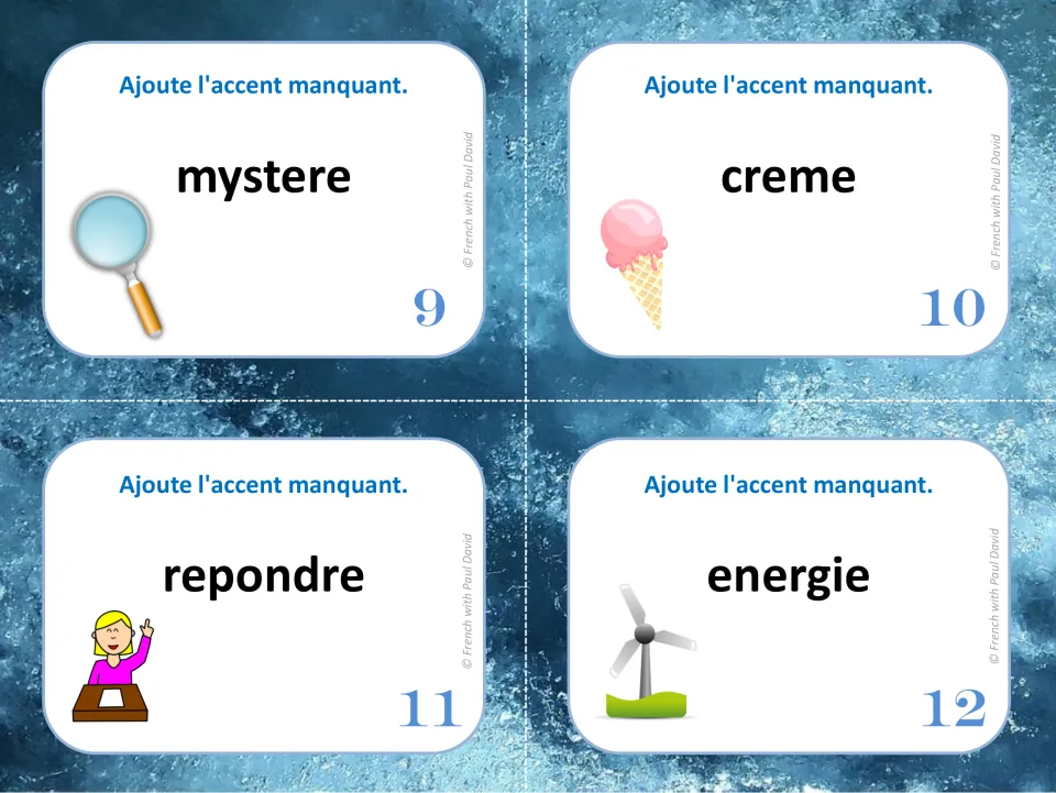 French accent task cards 9–12: mystere (mystery), creme (cream), repondre (answer), and energie (energy)
