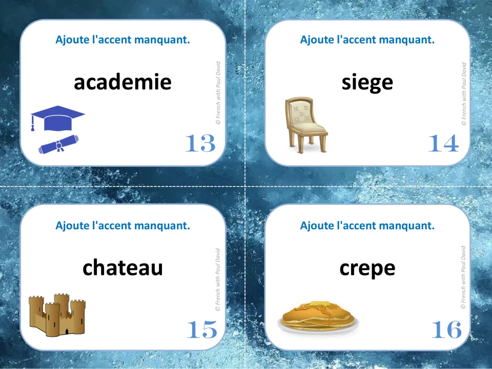 French accent task cards 13–16: academie (academy), siege (seat), chateau (castle), and crepe (crêpe)
