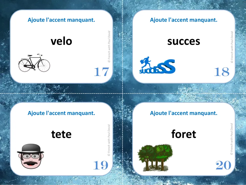 French accent task cards 17–20: velo (bicycle), succes (success), tete (head), and foret (forest)