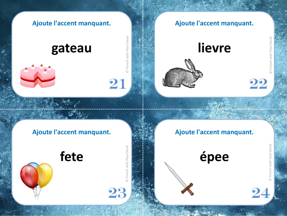 French accent task cards 21–24: gateau (cake), lievre (hare), fete (party), and épee (sword)