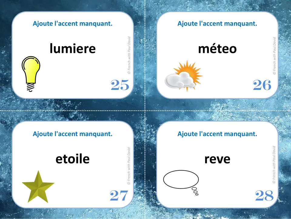 French accent task cards 25–28: lumiere (light), méteo (weather), etoile (star), and reve (dream)