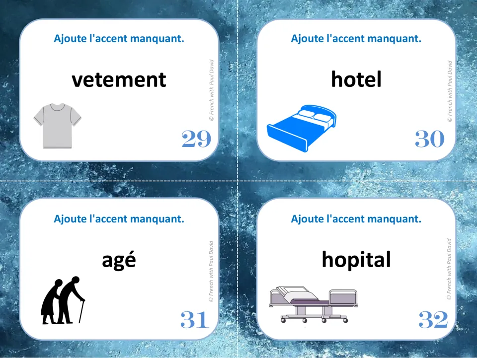French accent task cards 29–32: vetement (clothing), hotel (hotel), agé (elderly), and hopital (hospital)