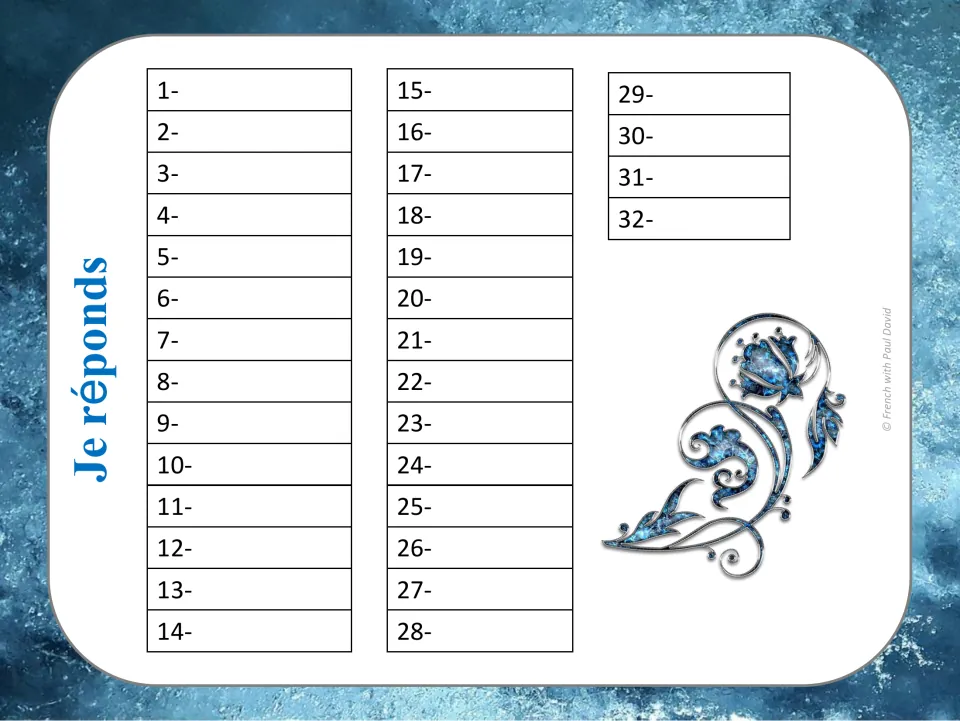 Student response sheet for all 32 French accent task cards, headed “Je réponds” (I answer), numbered 1–32