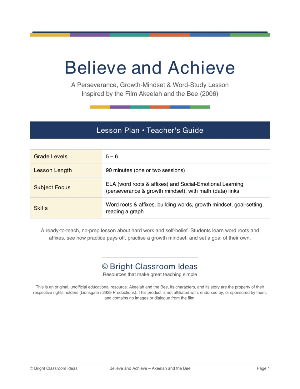 Teacher guide cover for a grades 5–6 lesson on word roots, perseverance, and growth mindset, lasting 90 minutes.