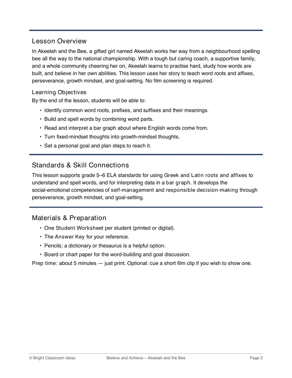 Teacher guide overview lists word-building and goal-setting objectives, skill connections, and materials.