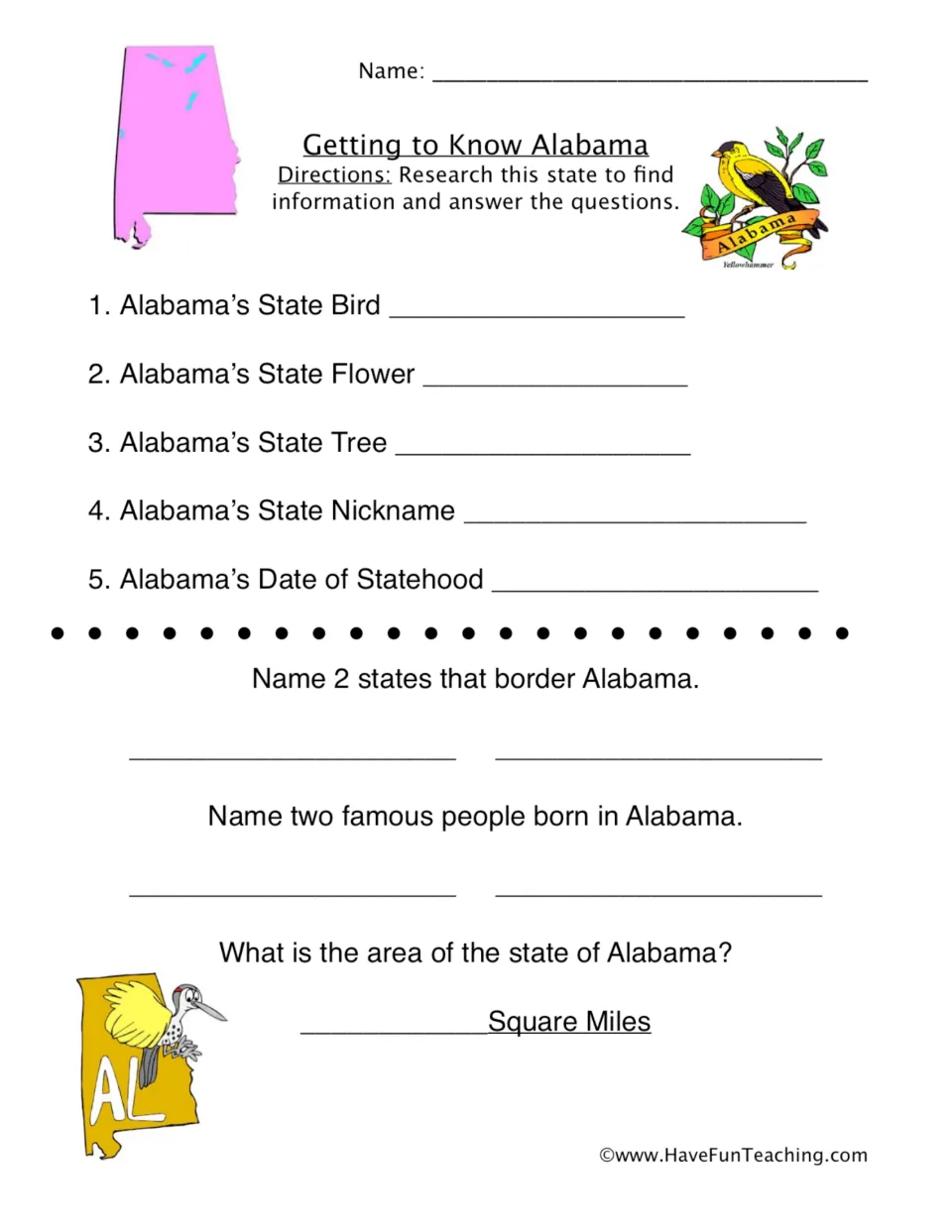 Getting to Know Alabama: students research the state bird, flower, tree, nickname, statehood date, borders and area