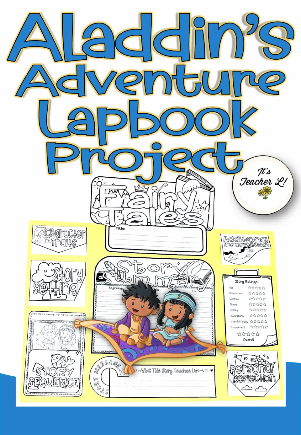 Aladdin's Adventure Lapbook Project cover showing a finished Fairy Tales lapbook with story summary, setting and ratings