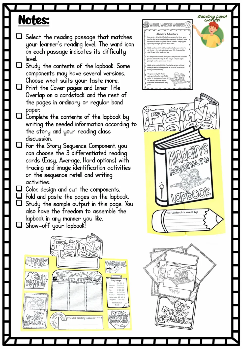 Teacher notes: steps to choose a leveled reading passage, print, color, cut, fold and paste the lapbook, with sample photos