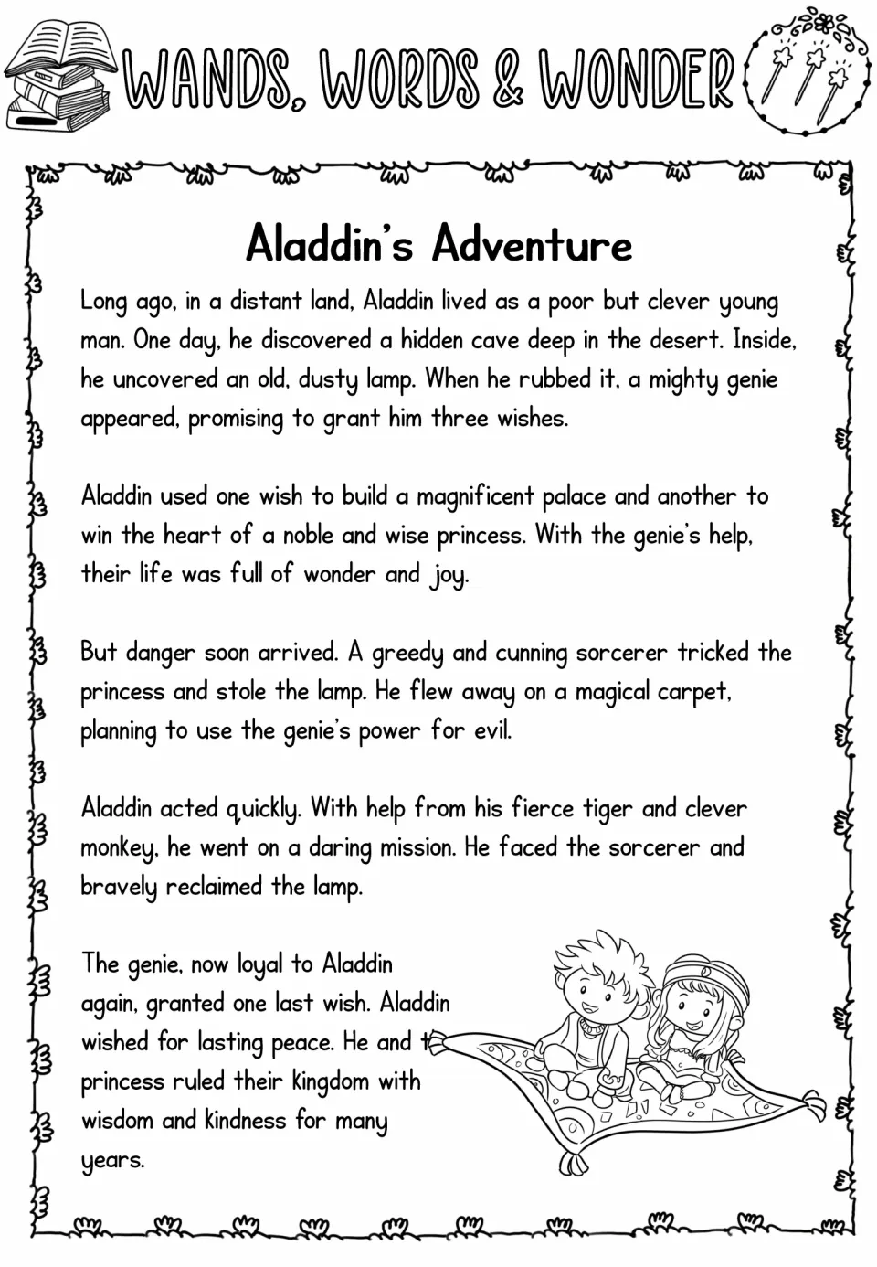 Three-wand Aladdin passage with richer vocabulary: a hidden desert cave, a cunning sorcerer and Aladdin's daring mission