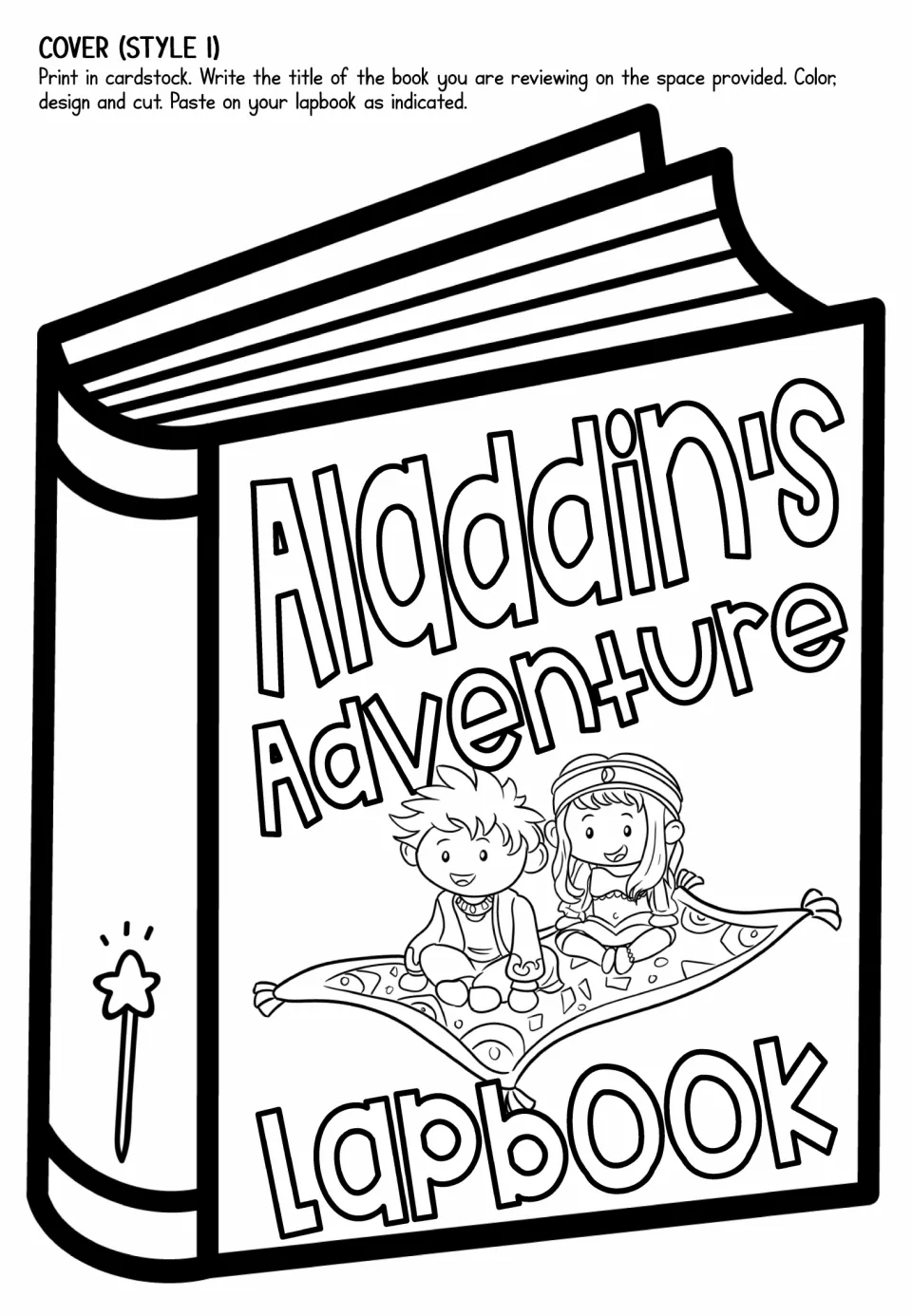 Lapbook cover style 1: closed book with Aladdin and the princess on a magic carpet for students to color, cut and paste