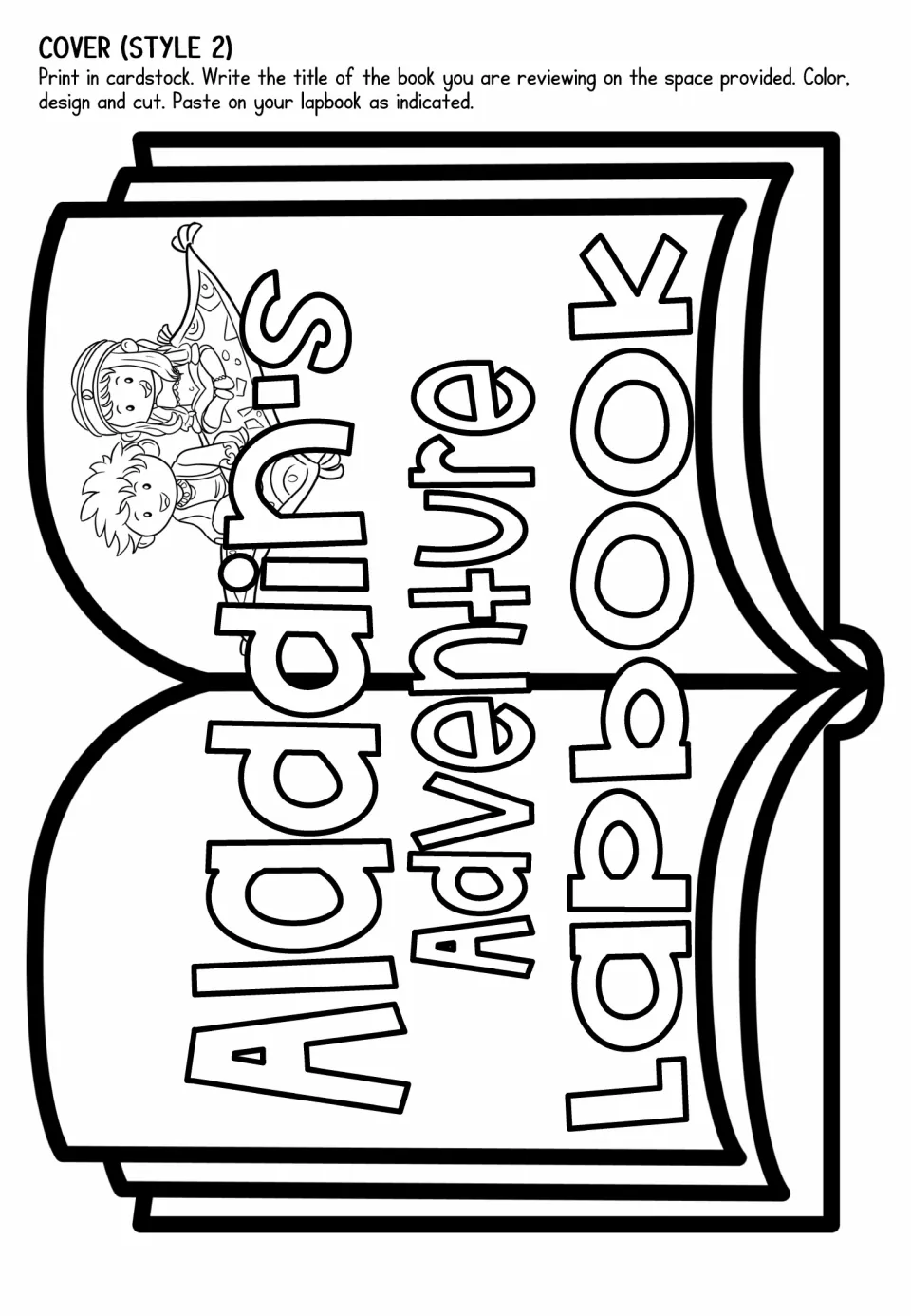 Cover style 2: open book printed sideways with Aladdin's Adventure Lapbook title and the pair on a flying carpet to color