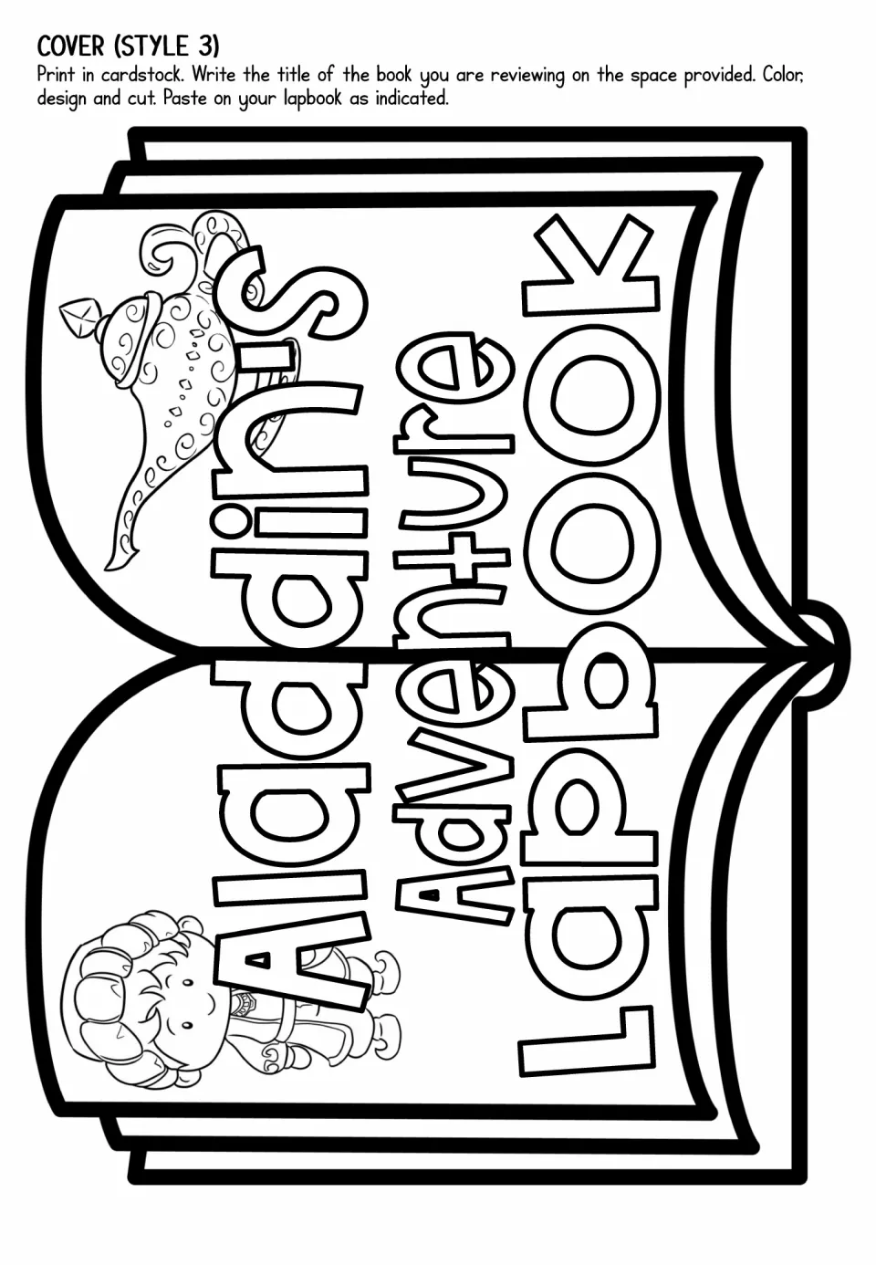 Cover style 3: sideways open book with the lapbook title, a genie lamp and a standing Aladdin for students to color and cut