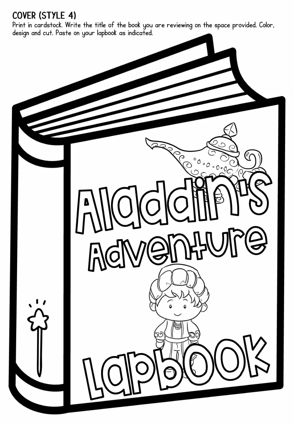 Cover style 4: closed storybook with a magic lamp above the title and Aladdin standing below, ready to color and paste