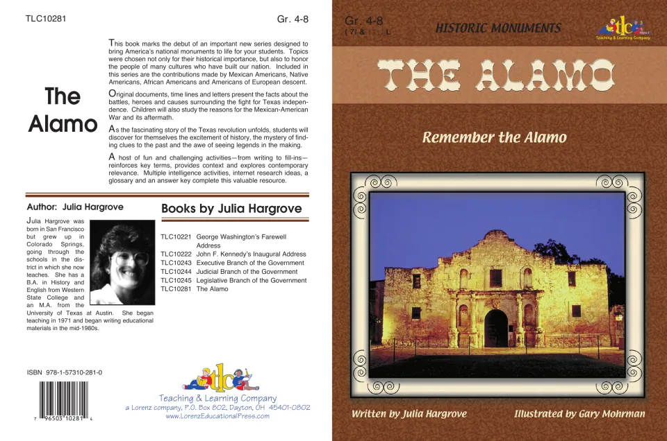The Alamo: Remember the Alamo cover with a photo of the Alamo chapel at dusk, plus back cover summary and author bio
