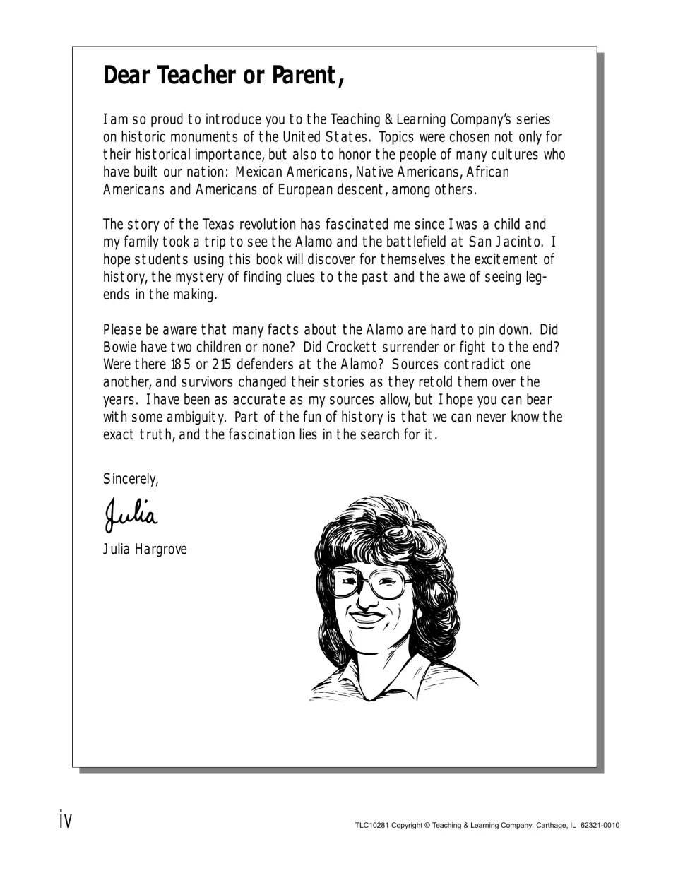 Author's letter to teachers and parents noting that sources disagree, such as 185 or 215 Alamo defenders