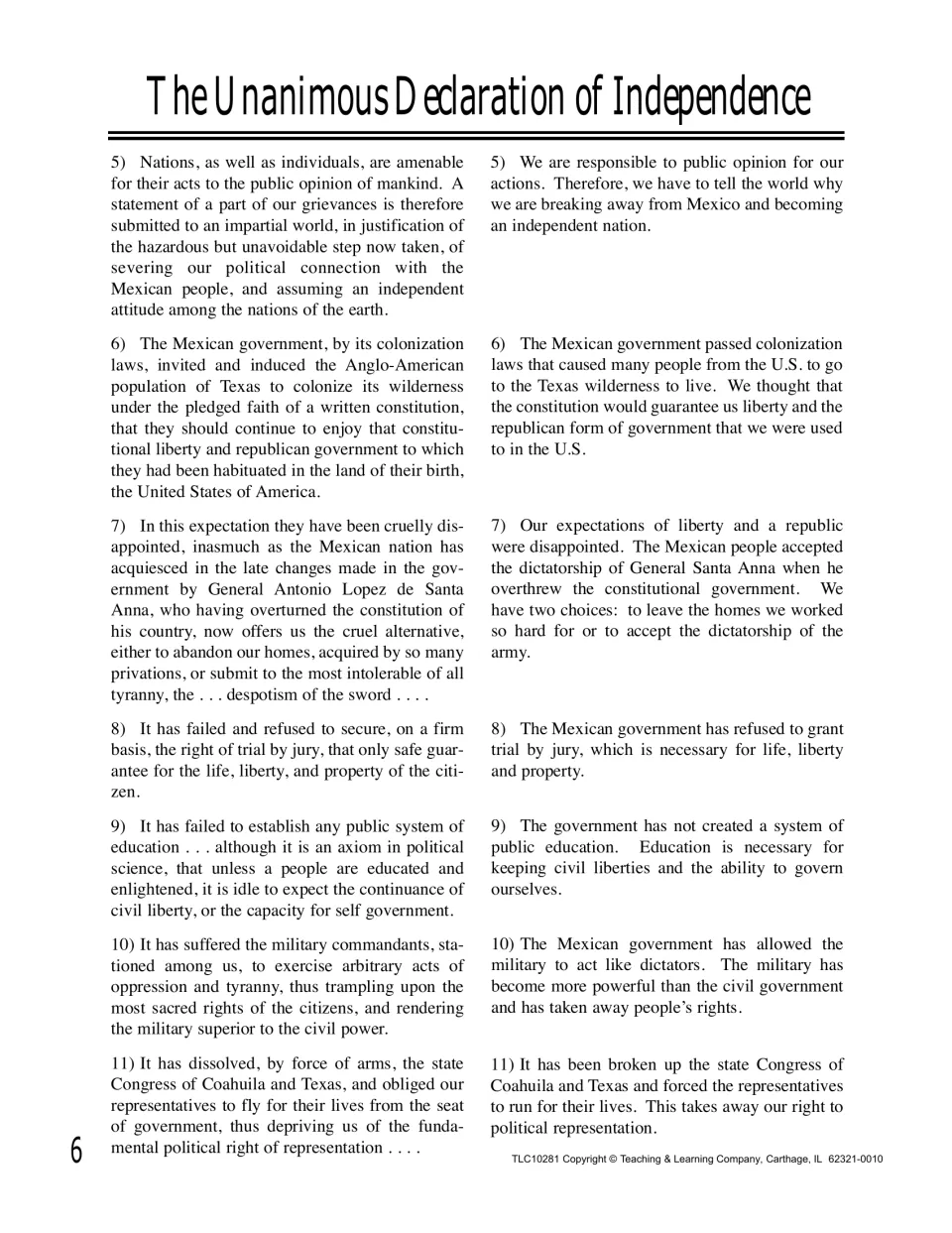 Texas Declaration statements 5–11 with plain-English versions, on trial by jury, public education and military rule