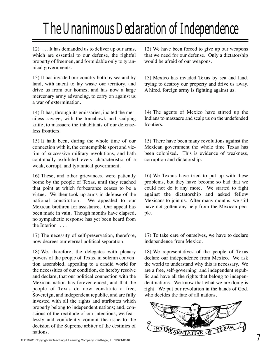 Texas Declaration statements 12–18 with paraphrases, ending as Texas declares itself a free, sovereign republic