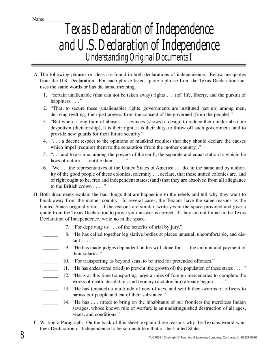 Questions comparing the Texas and U.S. Declarations: quote matching phrases, yes/no on 8 grievances, a paragraph