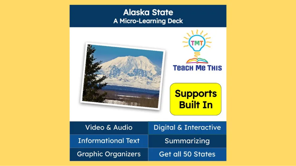Lesson cover titled 'Alaska State: A Micro-Learning Deck' advertises built-in supports, video, and audio