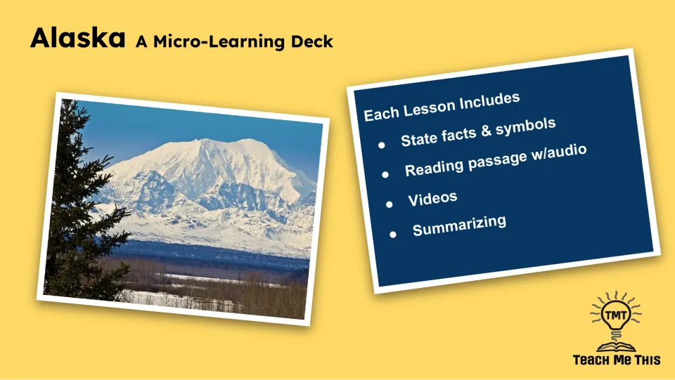 Lesson overview lists state facts and symbols, a reading passage with audio, videos, and summarizing