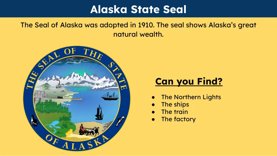State seal slide gives its 1910 adoption date and asks students to find Northern Lights, ships, train, and factory