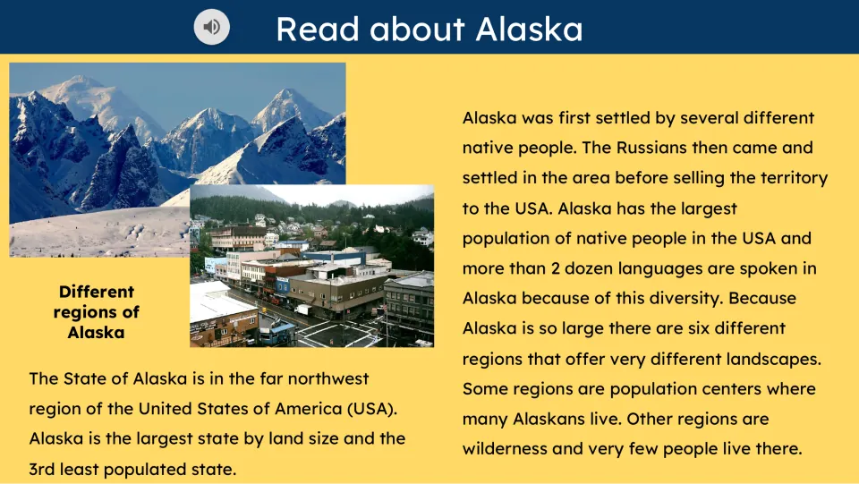 Informational reading slide covers Alaska's size, population, Native peoples, Russian settlement, and regions