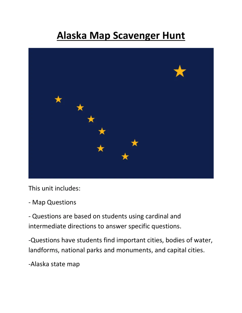 Cover introducing map questions about Alaska's cities, bodies of water, landforms, and compass directions