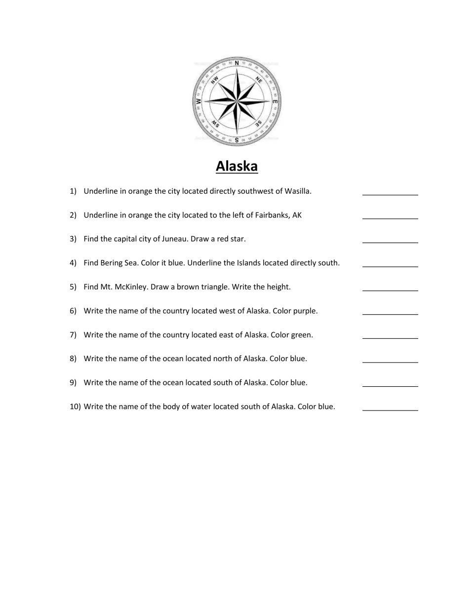 Ten Alaska map questions ask students to locate cities, oceans, neighboring countries, and Mt. McKinley