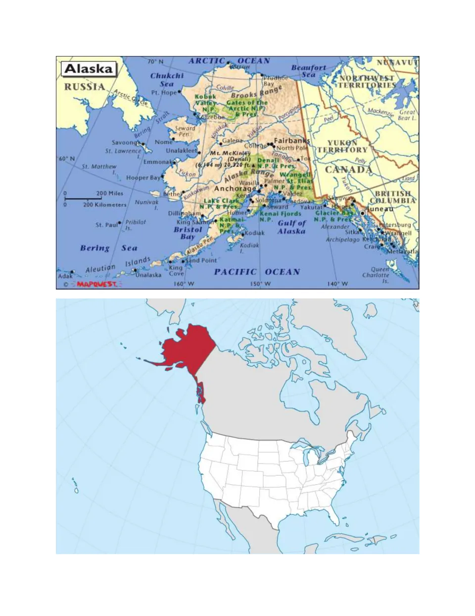 Reference maps show Alaska's cities, waterways, and parks, plus its location highlighted in North America