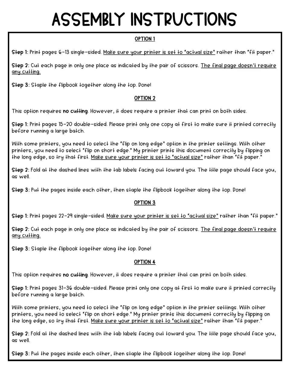 Assembly instructions for four printing options: cut-and-staple single-sided pages or fold-and-staple double-sided pages