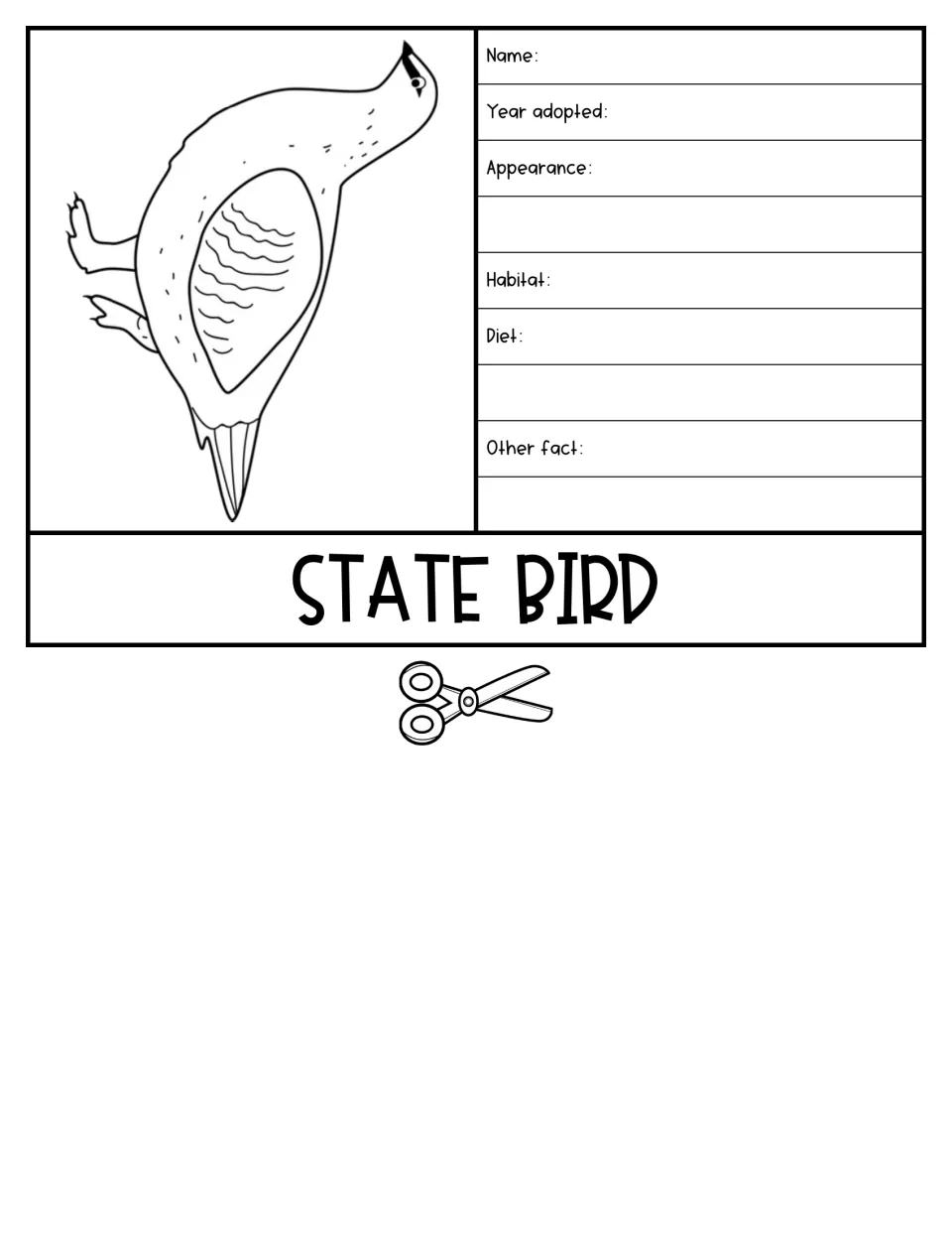 State bird flap with a bird drawing; students record its name, year adopted, appearance, habitat, diet and a fact