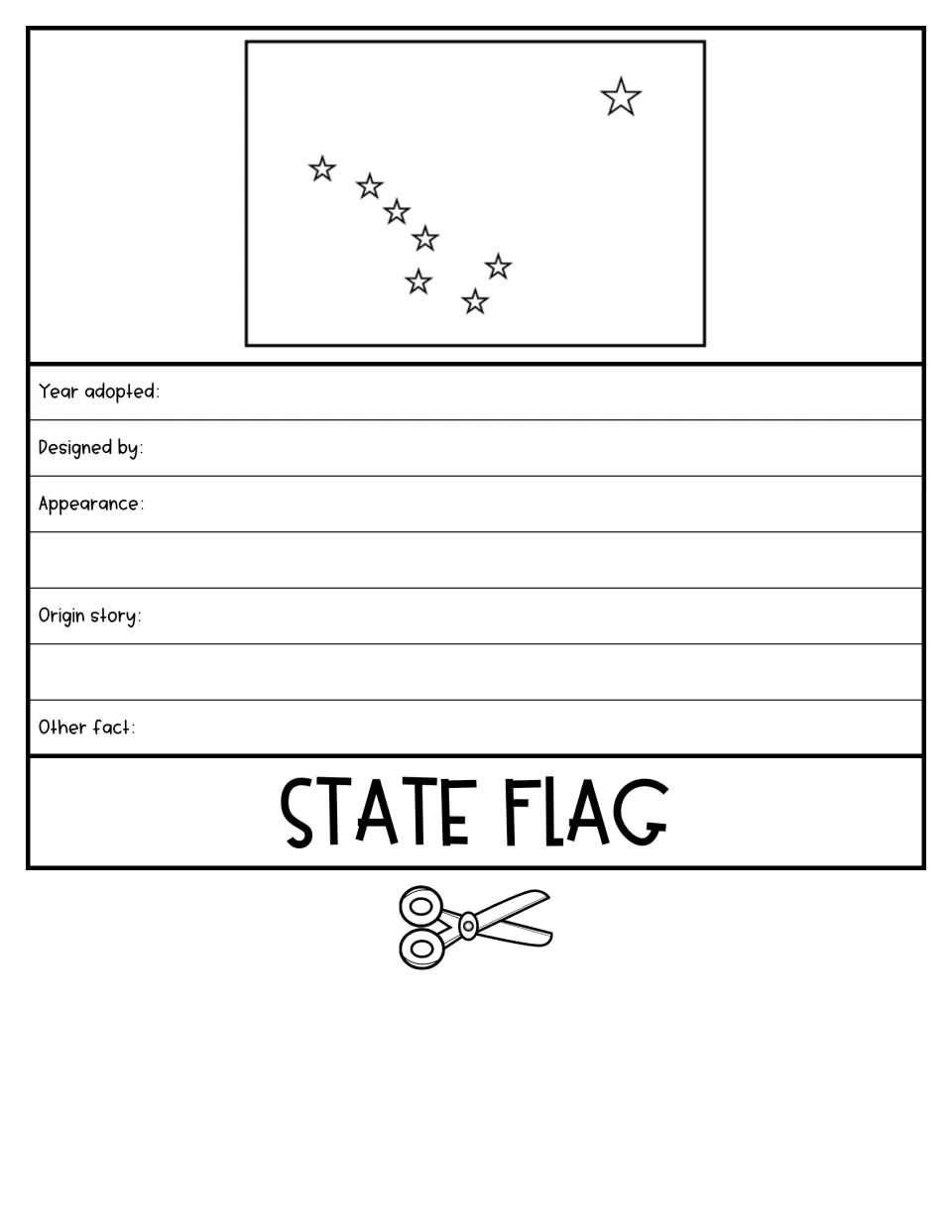 State flag flap showing the eight-star Alaska flag; students record year adopted, designer, appearance and origin story