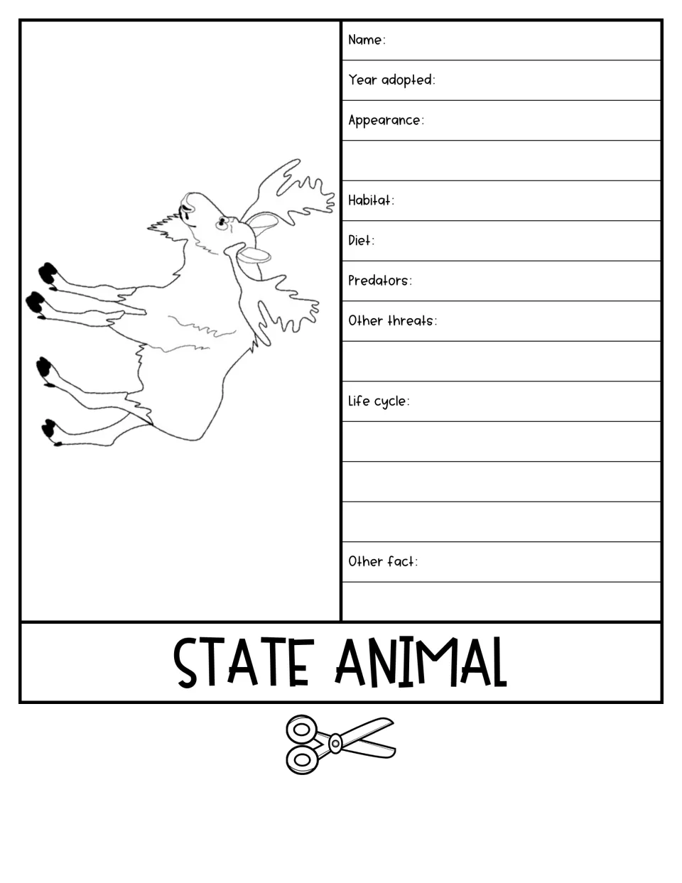 State animal flap with a moose drawing; students fill in its habitat, diet, predators, other threats, life cycle and a fact