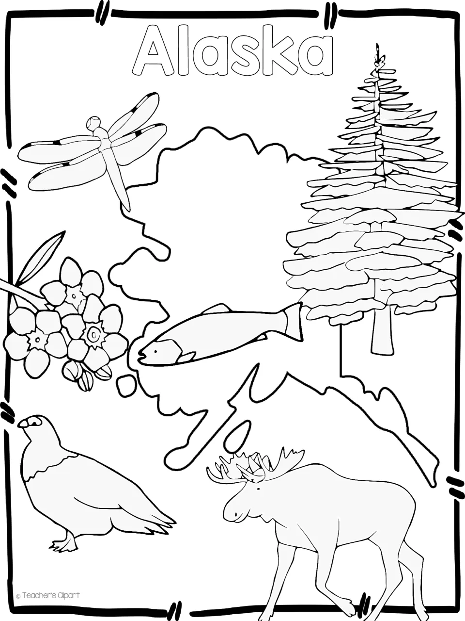 Alaska state symbols to color: outline map with moose, salmon, dragonfly, spruce, ptarmigan and forget-me-nots