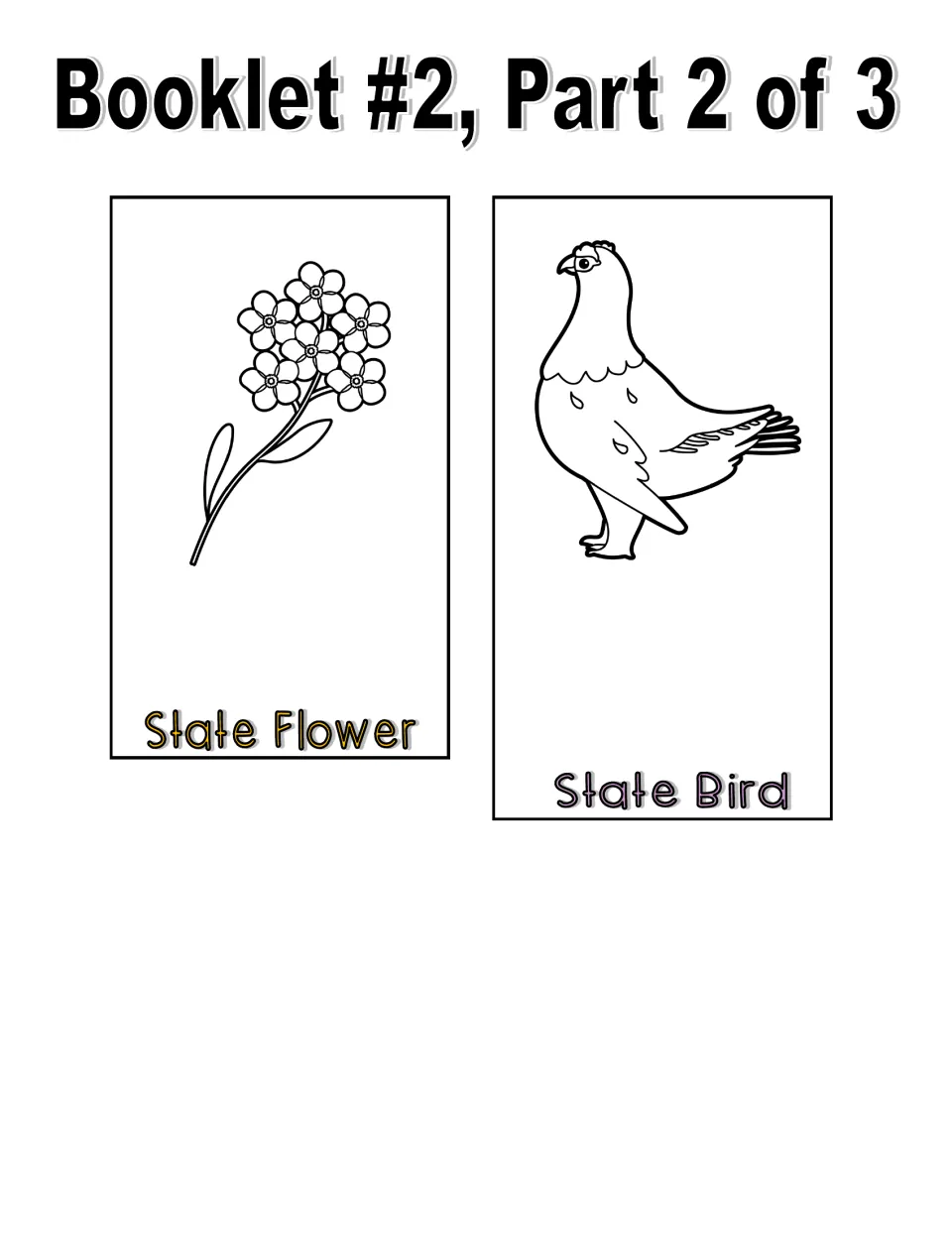 Black and white booklet cut-out pieces, part 2: line art of a flower for State Flower and a bird for State Bird