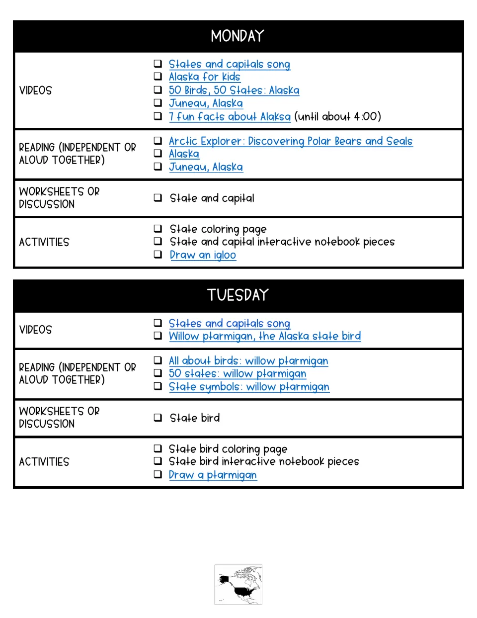 Monday and Tuesday plans: Alaska and Juneau, then the willow ptarmigan, with linked videos, readings and drawing tasks