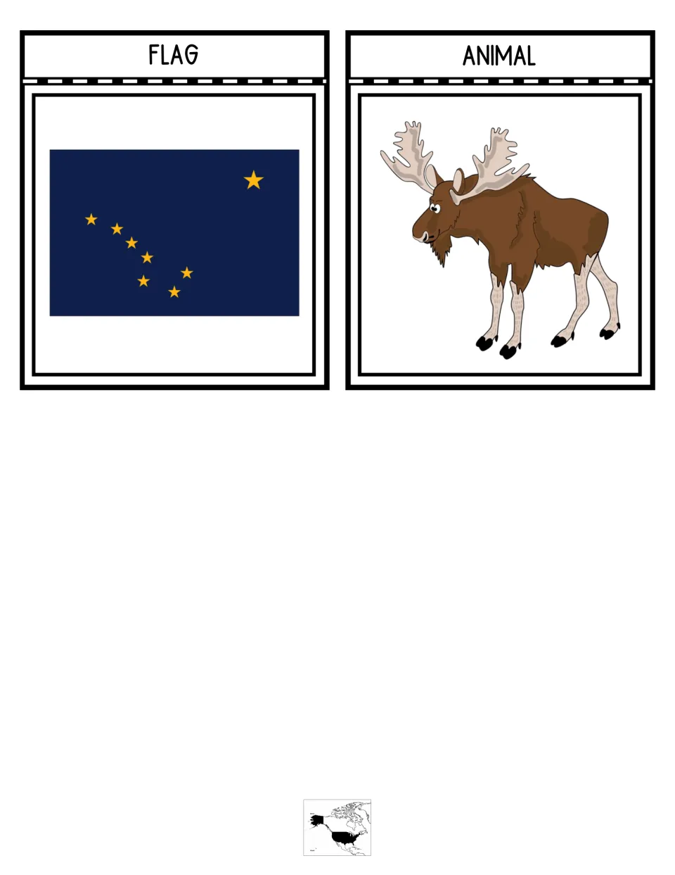 Notebook pieces for flag and animal: the blue Alaska flag with gold Big Dipper and North Star, and a moose illustration